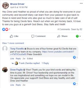 Bruce Driver of the NJ Devils praises Drew and Heather on Facebook for their work.